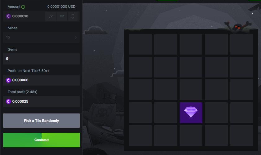Example Mines game showing total profit of 2.48x after successfully selecting 1 gem in a game of 15 mines